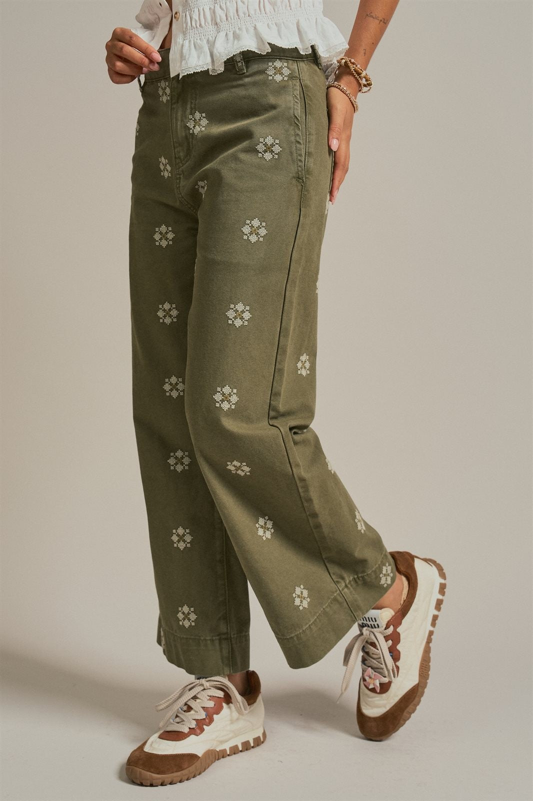 Vintage Washed Wide Leg Pants with Cross Stitch Detail in Olive - Women's Wholesale Pants | Trend Notes
