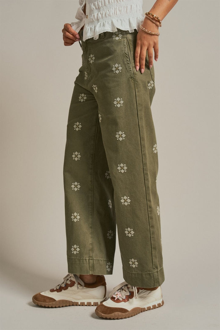 Vintage Washed Wide Leg Pants with Cross Stitch Detail in Olive - Women's Wholesale Pants | Trend Notes