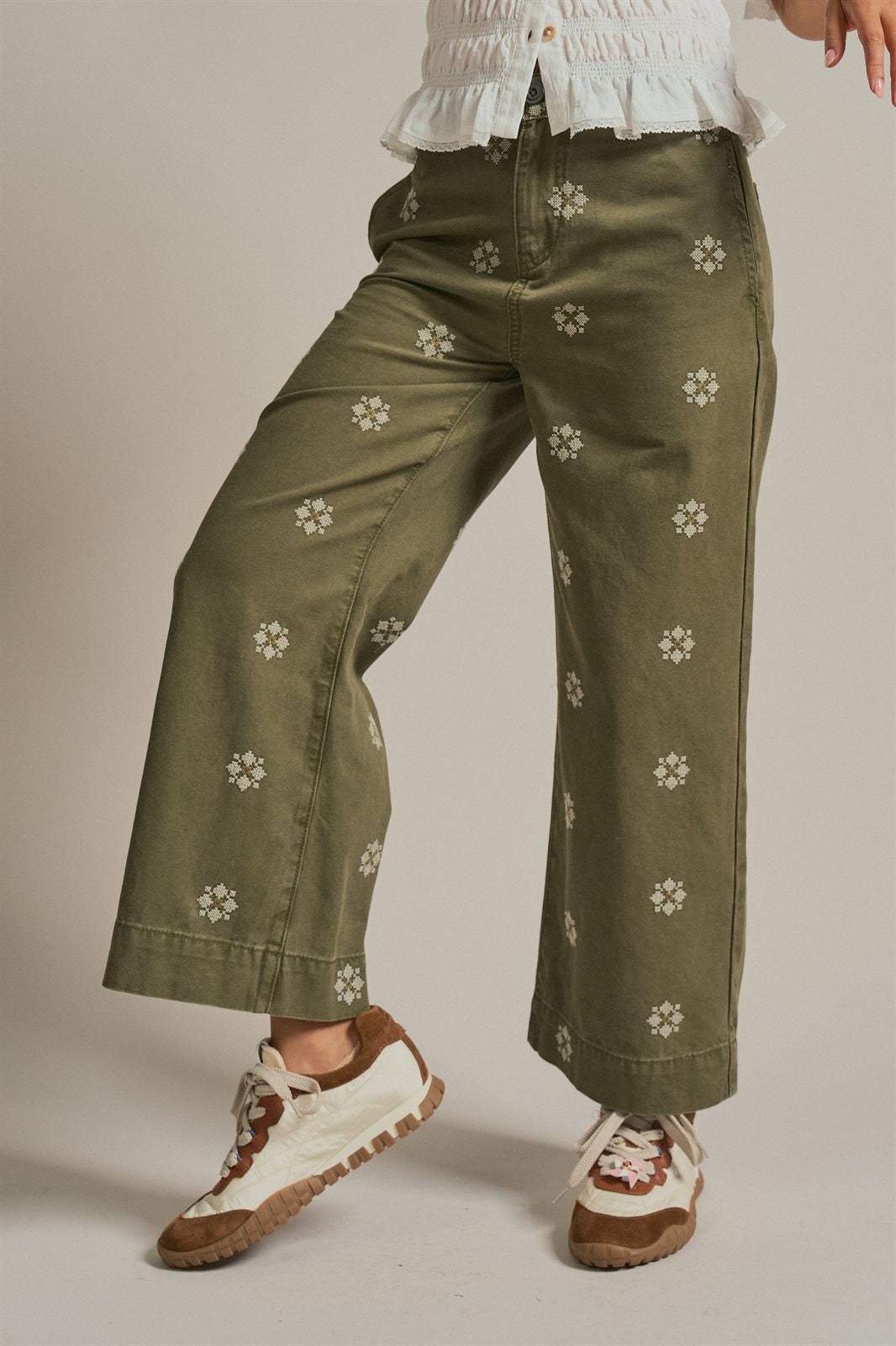 Vintage Washed Wide Leg Pants with Cross Stitch Detail in Olive - Women's Wholesale Pants | Trend Notes