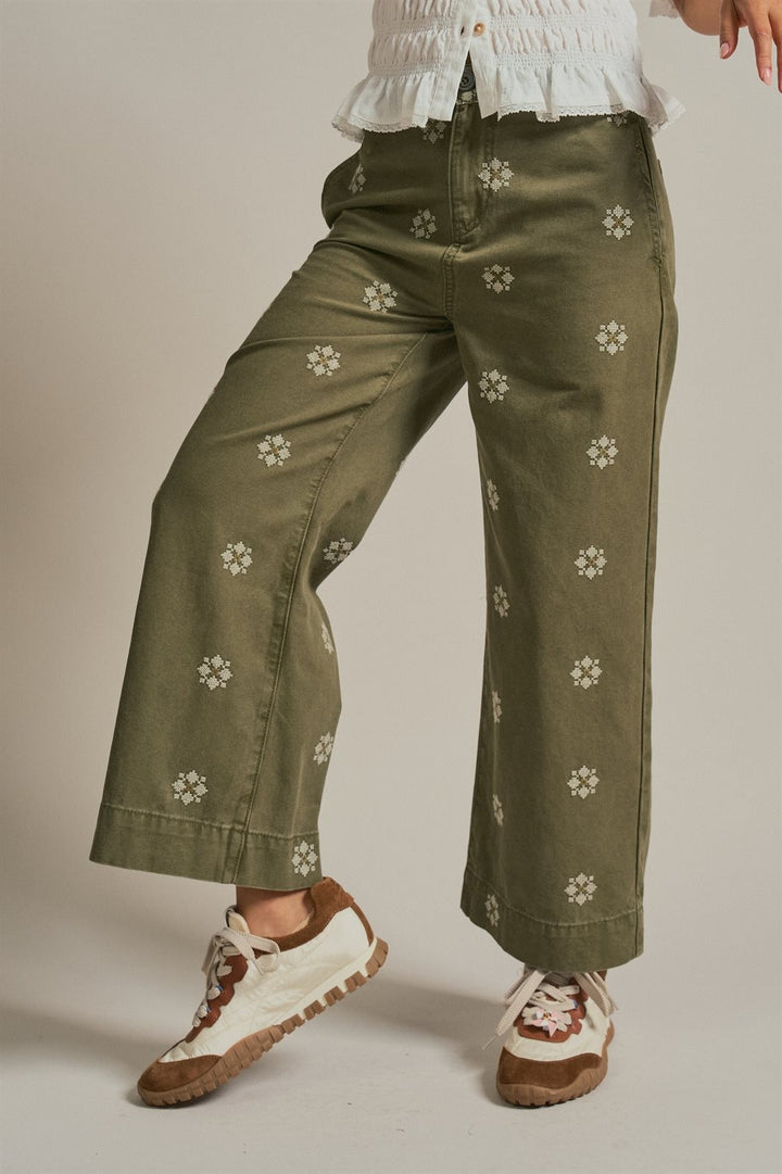 Vintage Washed Wide Leg Pants with Cross Stitch Detail in Olive - Women's Wholesale Pants | Trend Notes