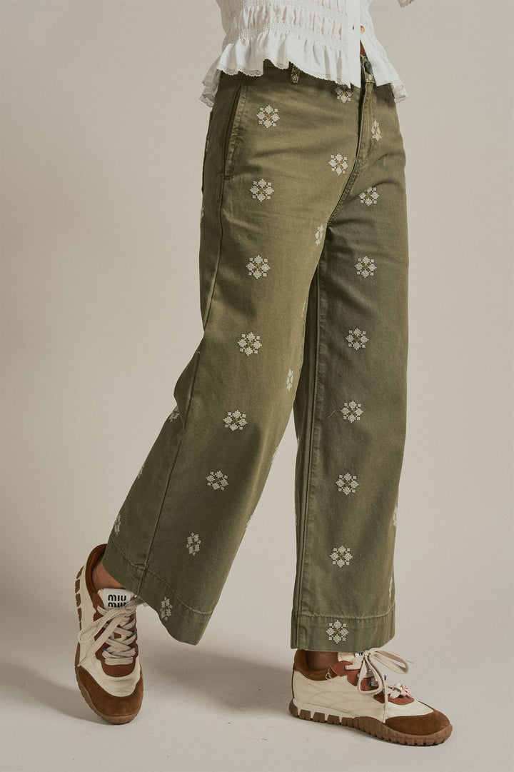 Vintage Washed Wide Leg Pants with Cross Stitch Detail in Olive - Women's Wholesale Pants | Trend Notes