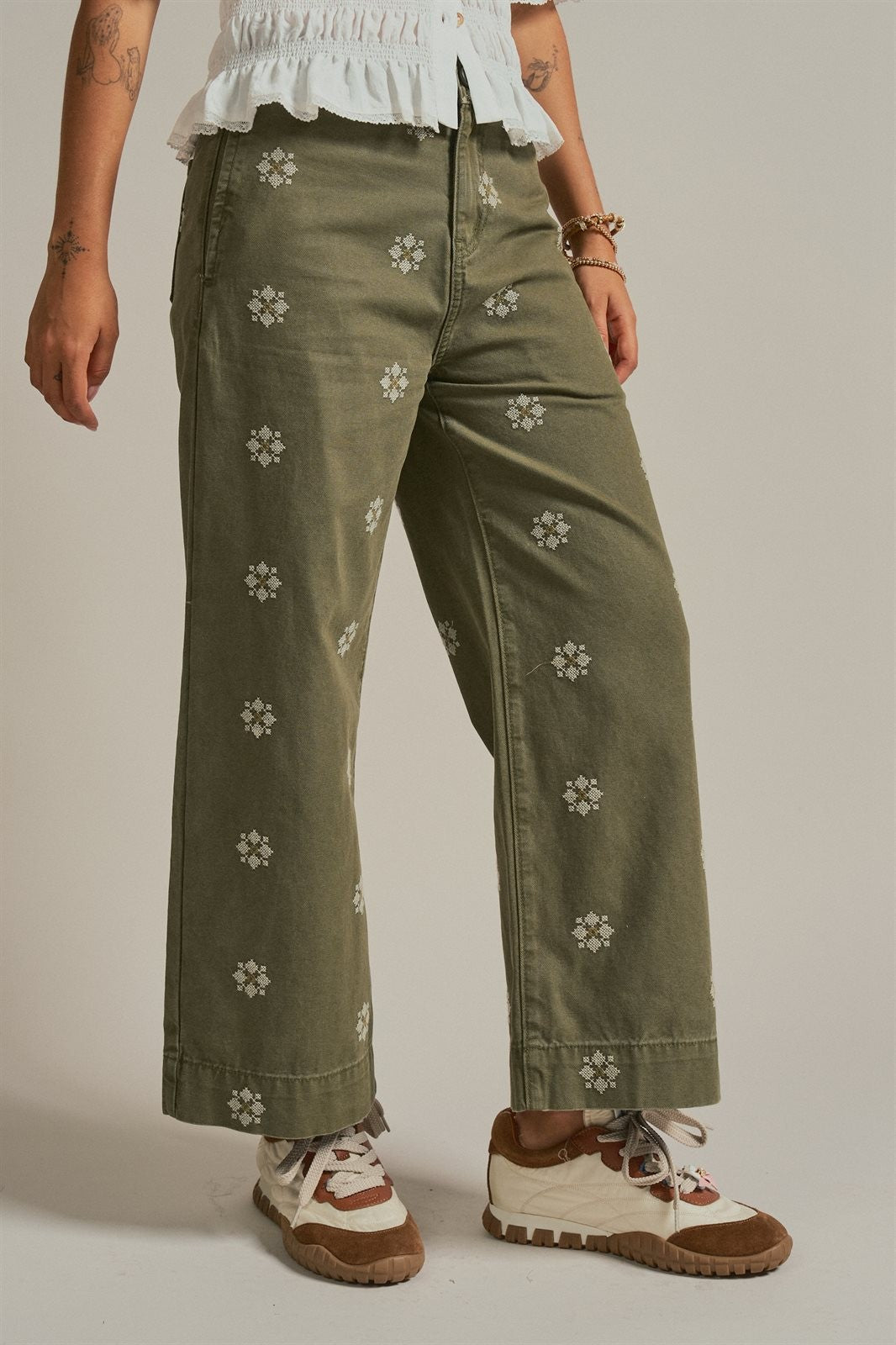 Vintage Washed Wide Leg Pants with Cross Stitch Detail in Olive - Women's Wholesale Pants | Trend Notes