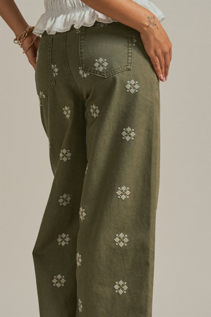 Vintage Washed Wide Leg Pants with Cross Stitch Detail in Olive - Women's Wholesale Pants | Trend Notes