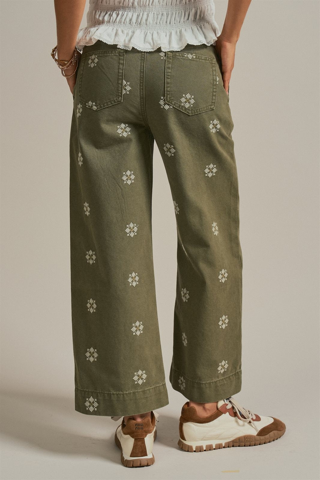 Vintage Washed Wide Leg Pants with Cross Stitch Detail in Olive - Women's Wholesale Pants | Trend Notes