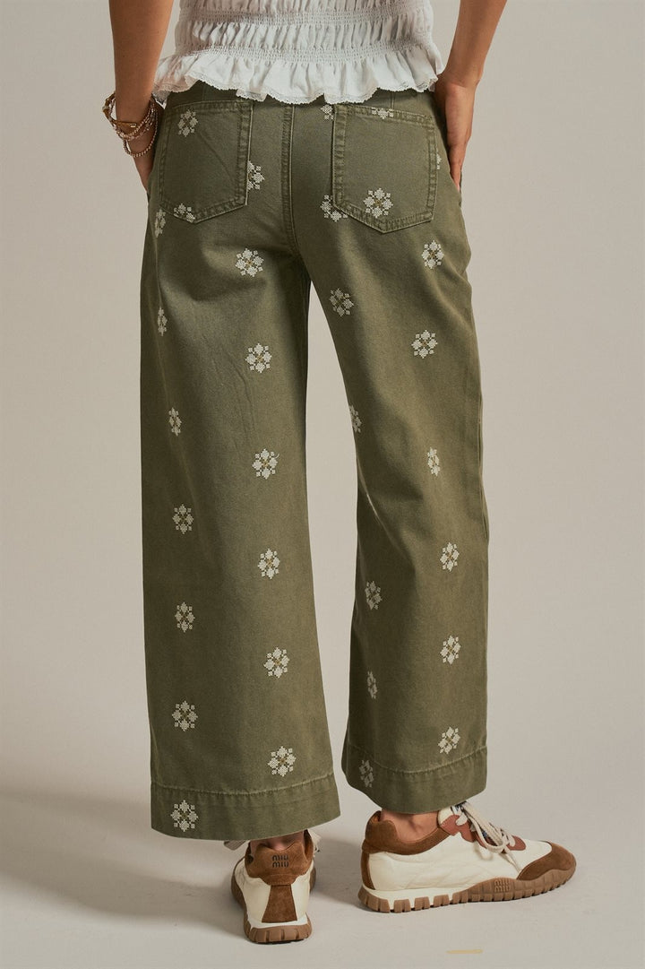 Vintage Washed Wide Leg Pants with Cross Stitch Detail in Olive - Women's Wholesale Pants | Trend Notes