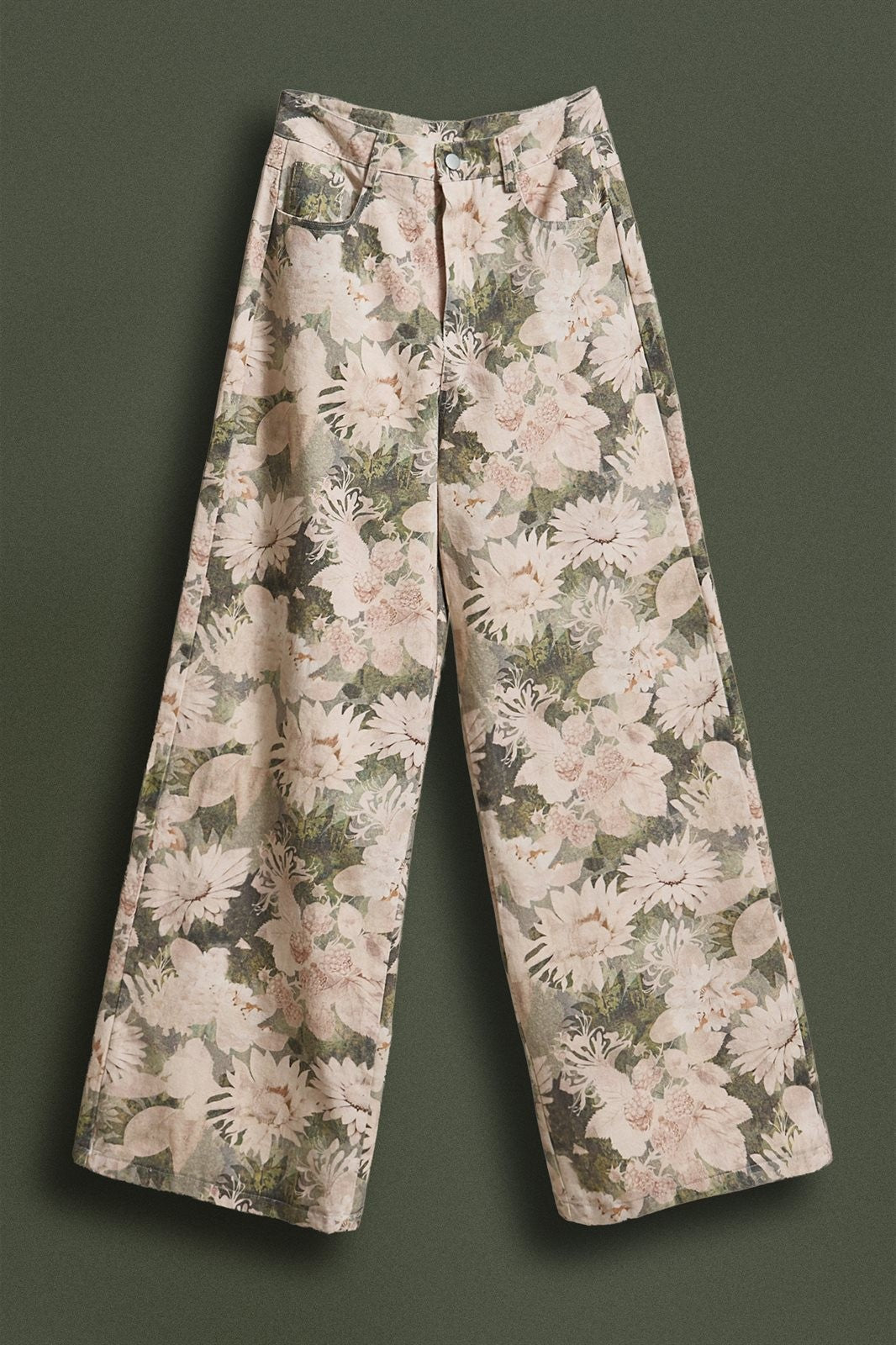 Wide Leg Cotton Pants in Botanical Floral Print in Pink Green - Women's Wholesale Pants | Trend Notes