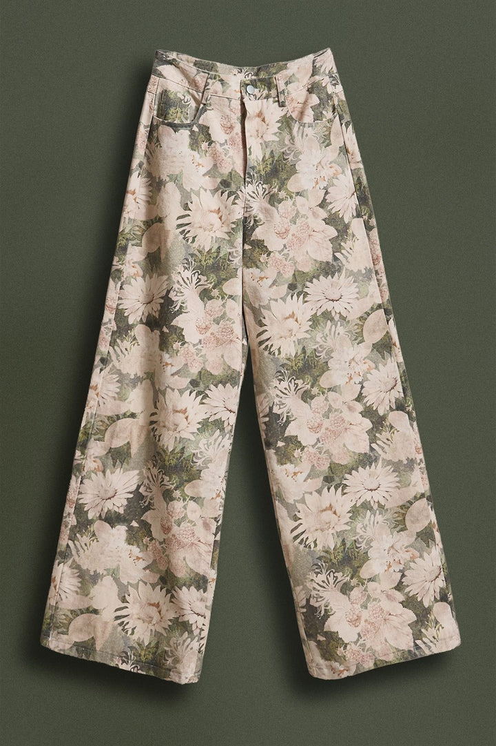 Wide Leg Cotton Pants in Botanical Floral Print in Pink Green - Women's Wholesale Pants | Trend Notes