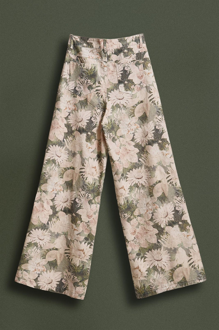 Wide Leg Cotton Pants in Botanical Floral Print in Pink Green - Women's Wholesale Pants | Trend Notes