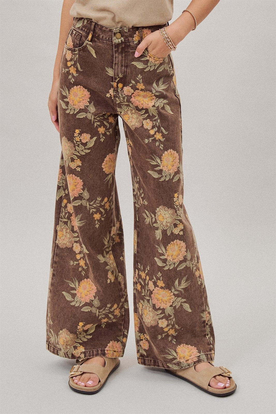 Brown Floral Print Wide-Leg Jeans in Brown - Women's Wholesale Pants | Trend Notes