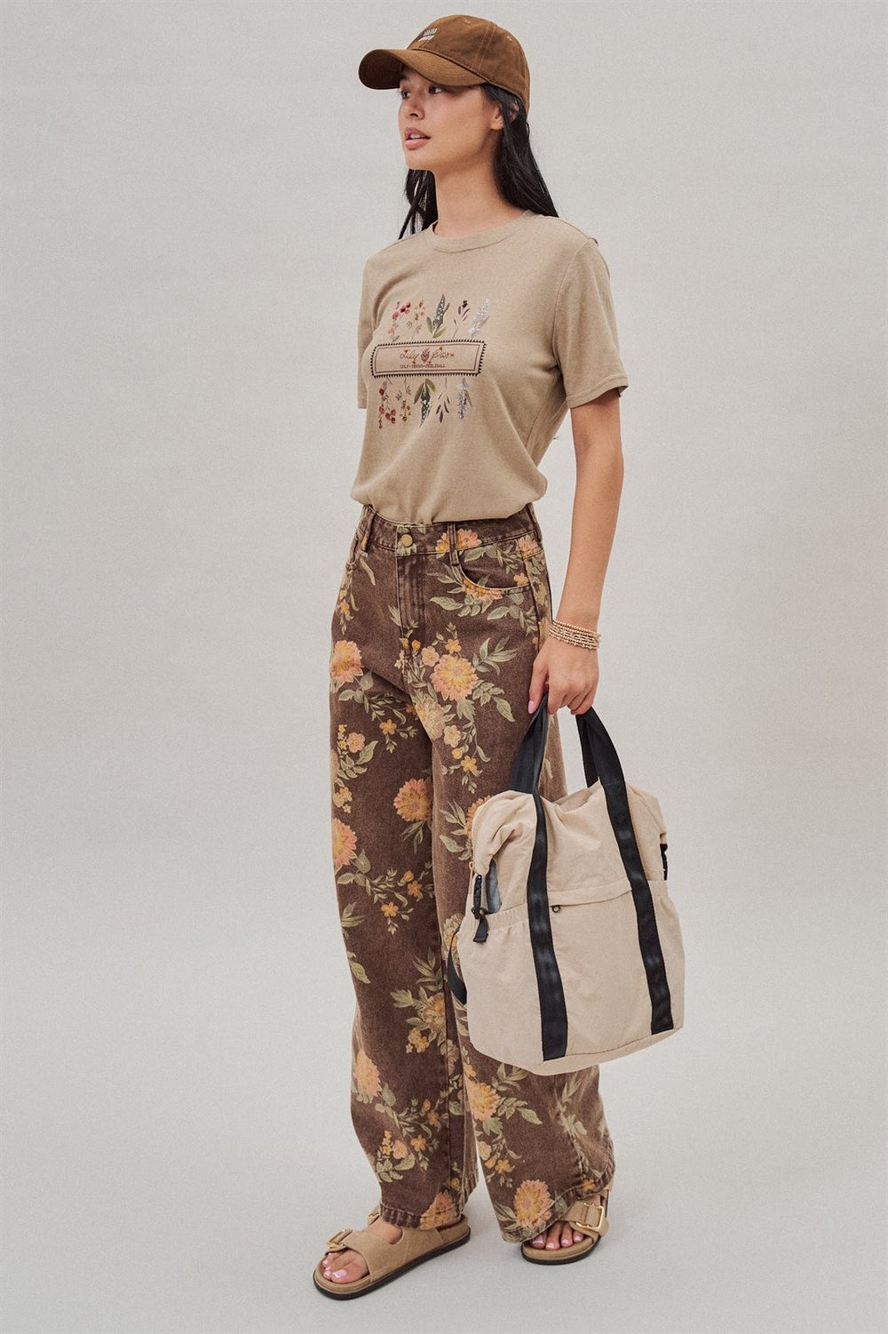 Brown Floral Print Wide-Leg Jeans in Brown - Women's Wholesale Pants | Trend Notes