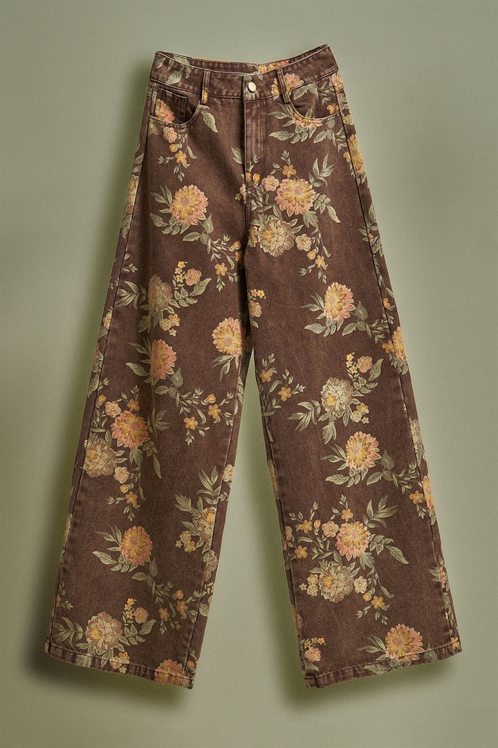 Brown Floral Print Wide-Leg Jeans in Brown - Women's Wholesale Pants | Trend Notes