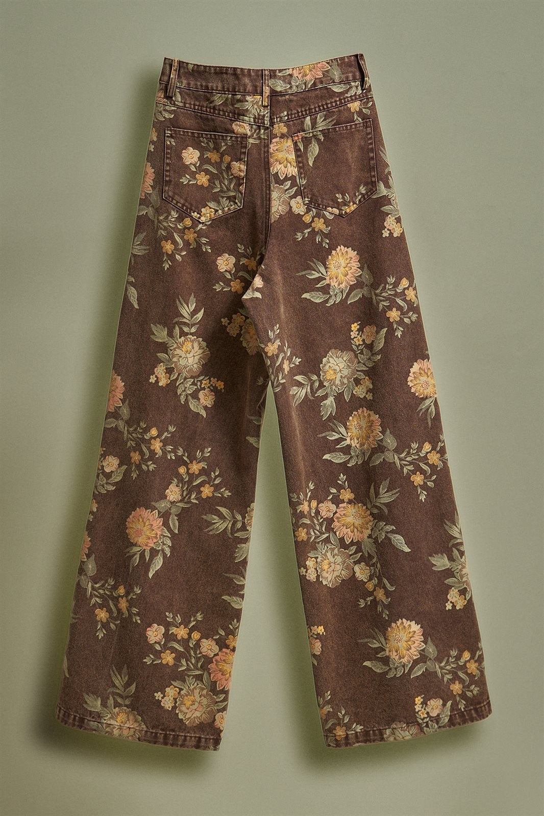 Brown Floral Print Wide-Leg Jeans in Brown - Women's Wholesale Pants | Trend Notes