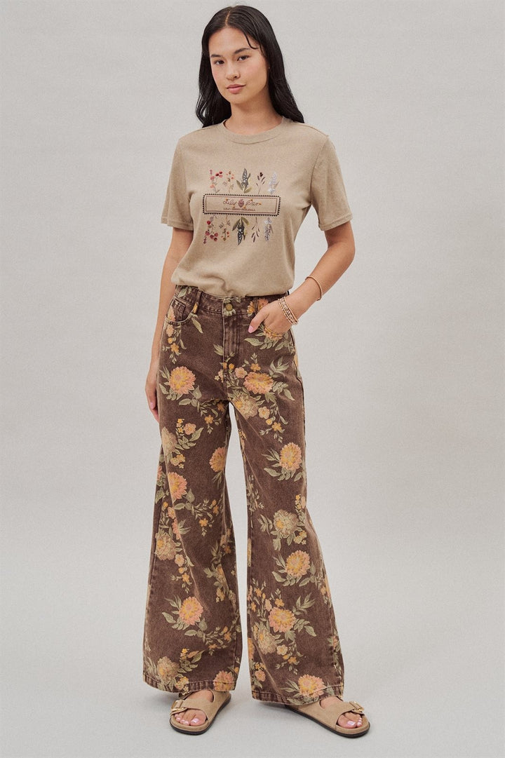 Brown Floral Print Wide-Leg Jeans in Brown - Women's Wholesale Pants | Trend Notes