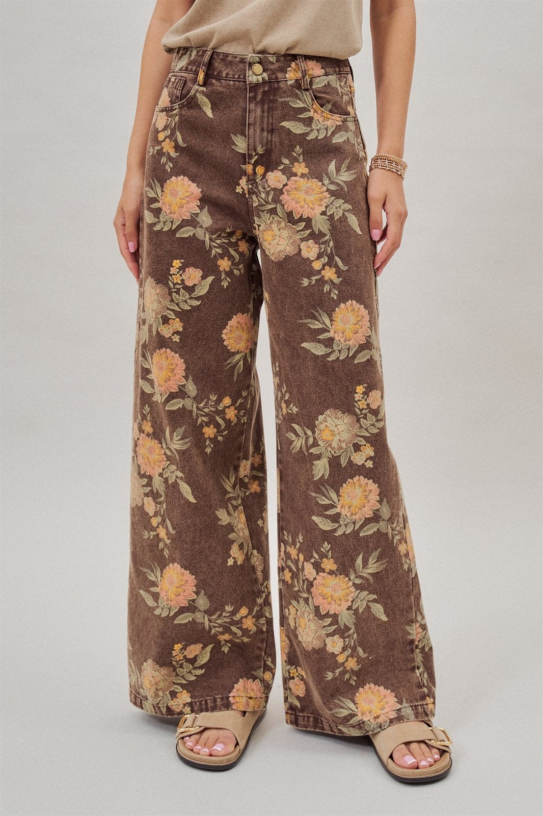 Brown Floral Print Wide-Leg Jeans in Brown - Women's Wholesale Pants | Trend Notes