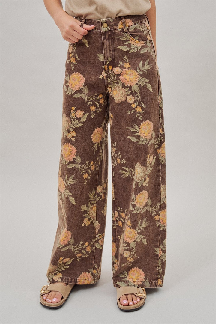 Brown Floral Print Wide-Leg Jeans in Brown - Women's Wholesale Pants | Trend Notes
