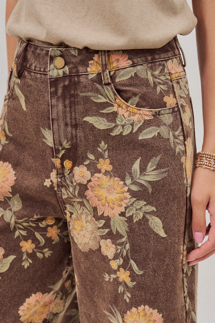 Brown Floral Print Wide-Leg Jeans in Brown - Women's Wholesale Pants | Trend Notes