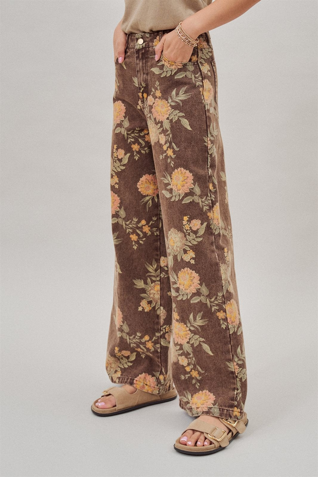 Brown Floral Print Wide-Leg Jeans in Brown - Women's Wholesale Pants | Trend Notes