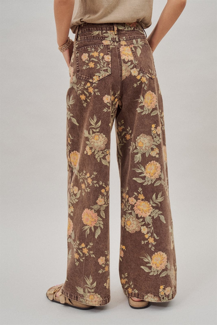 Brown Floral Print Wide-Leg Jeans in Brown - Women's Wholesale Pants | Trend Notes