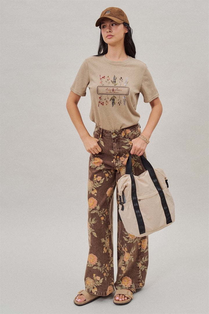 Brown Floral Print Wide-Leg Jeans in Brown - Women's Wholesale Pants | Trend Notes