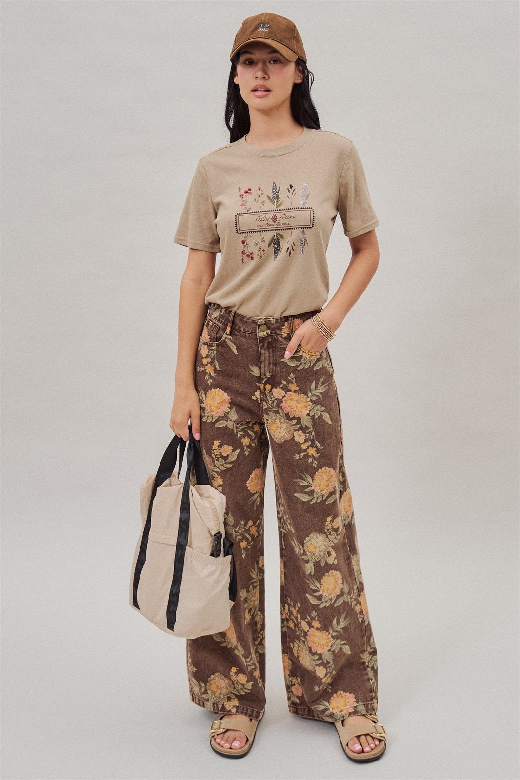 Brown Floral Print Wide-Leg Jeans in Brown - Women's Wholesale Pants | Trend Notes