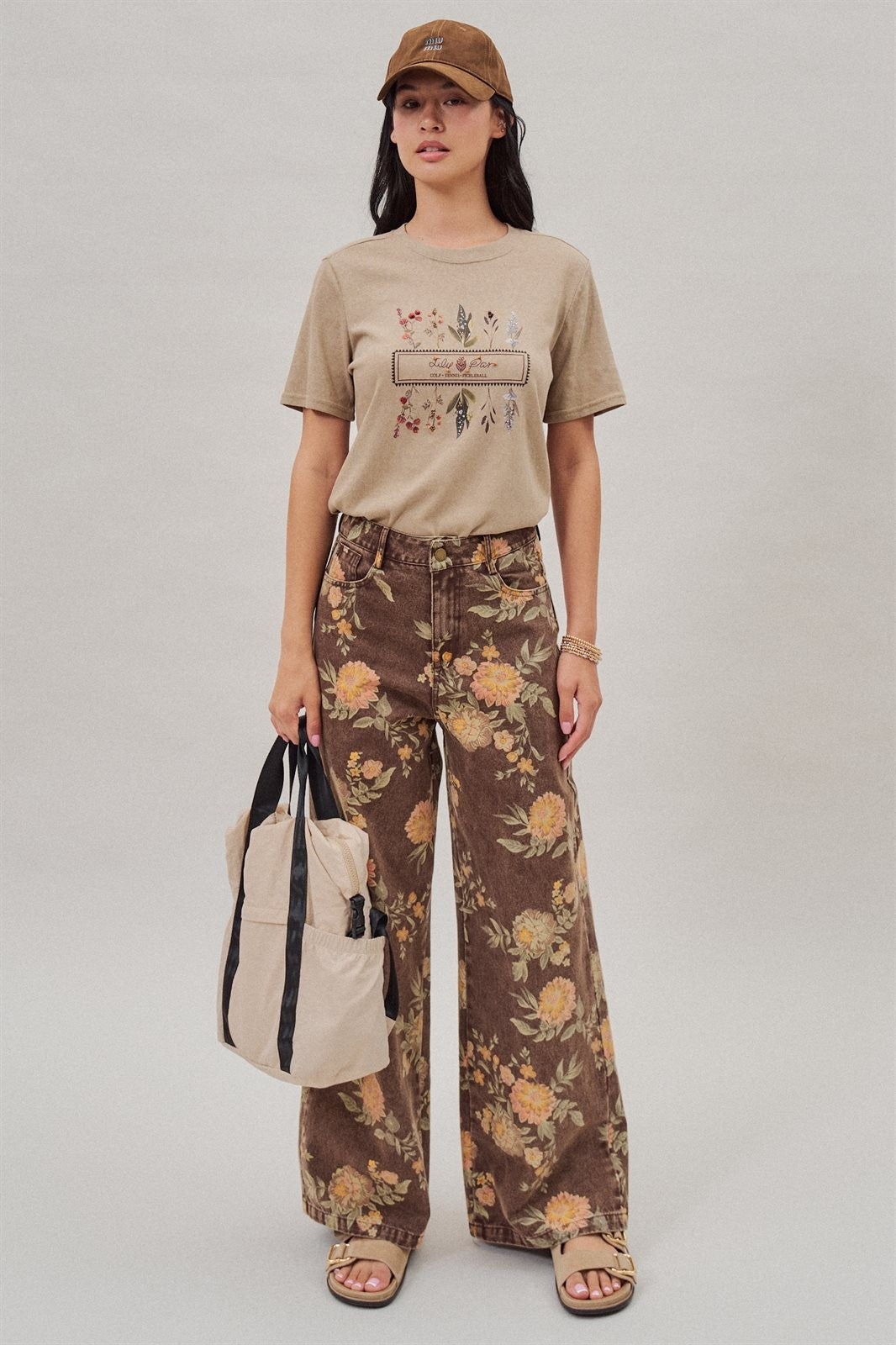 Brown Floral Print Wide-Leg Jeans in Brown - Women's Wholesale Pants | Trend Notes