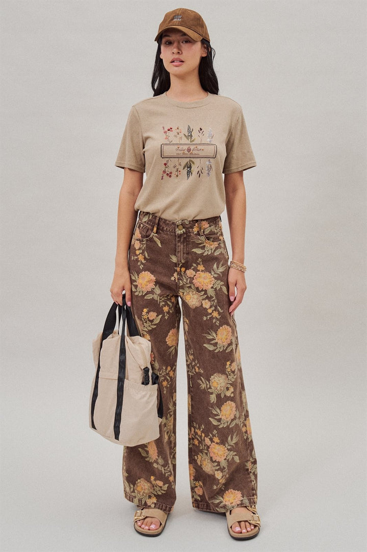 Brown Floral Print Wide-Leg Jeans in Brown - Women's Wholesale Pants | Trend Notes
