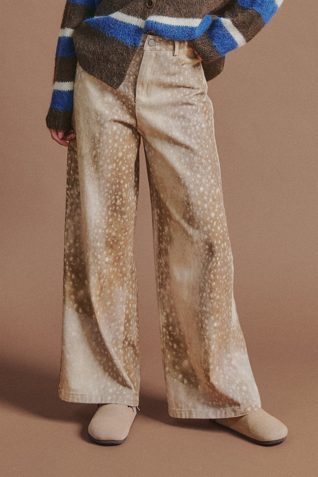 Vintage Deer Print Wide Leg Pants in Western Coastal Cowgirl in Khaki - Women's Wholesale Pants | Trend Notes
