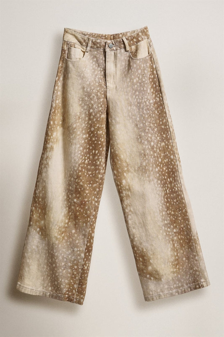 Vintage Deer Print Wide Leg Pants in Western Coastal Cowgirl in Khaki - Women's Wholesale Pants | Trend Notes