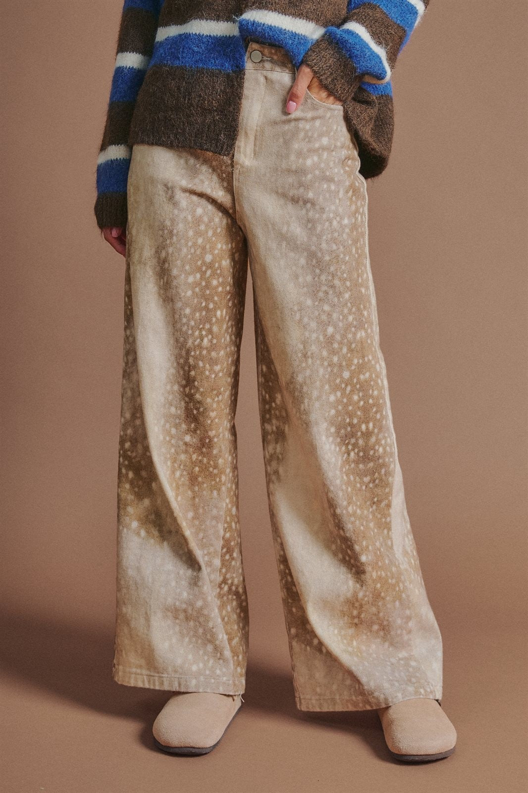 Vintage Deer Print Wide Leg Pants in Western Coastal Cowgirl in Khaki - Women's Wholesale Pants | Trend Notes