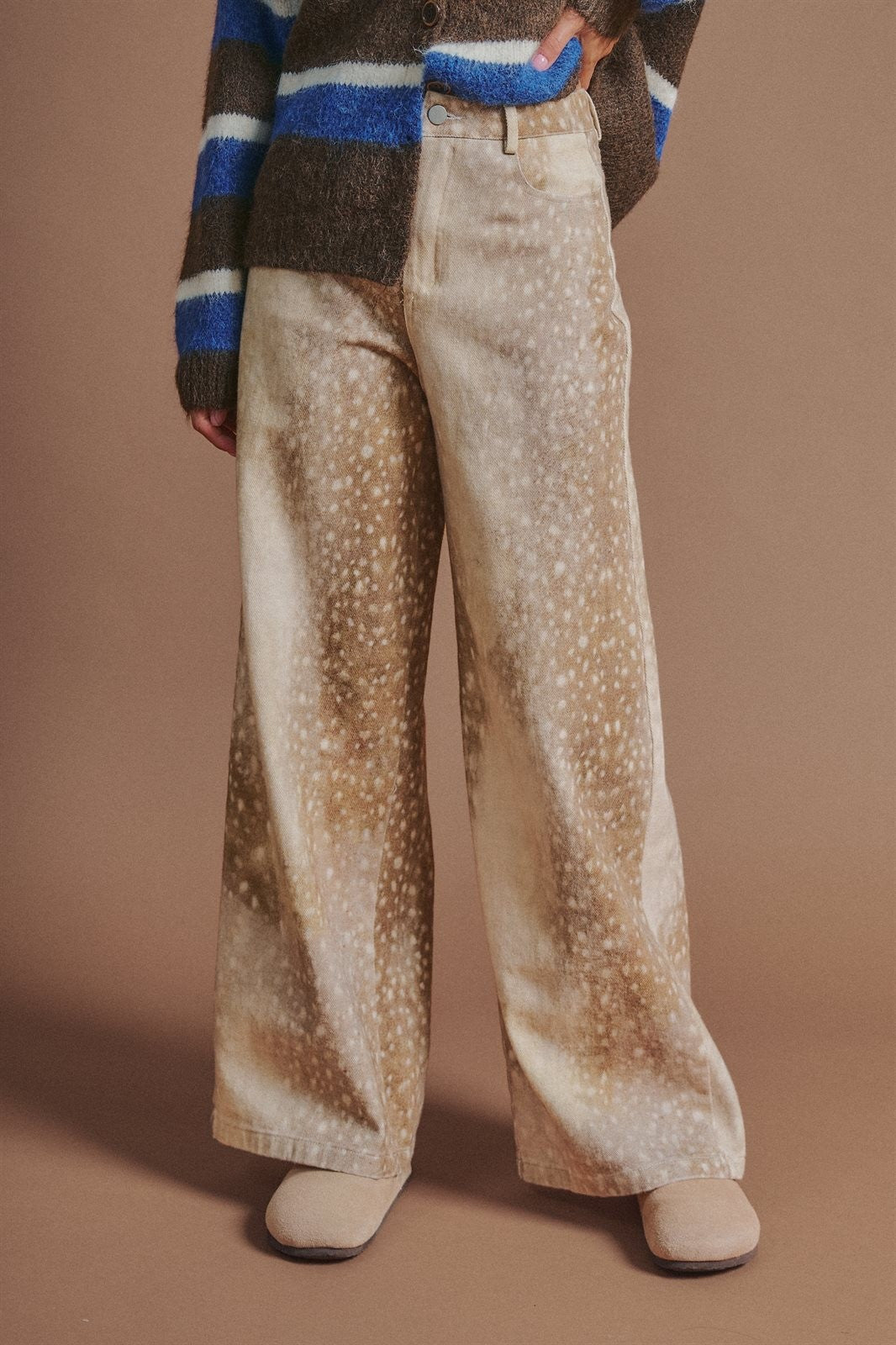 Vintage Deer Print Wide Leg Pants in Western Coastal Cowgirl in Khaki - Women's Wholesale Pants | Trend Notes