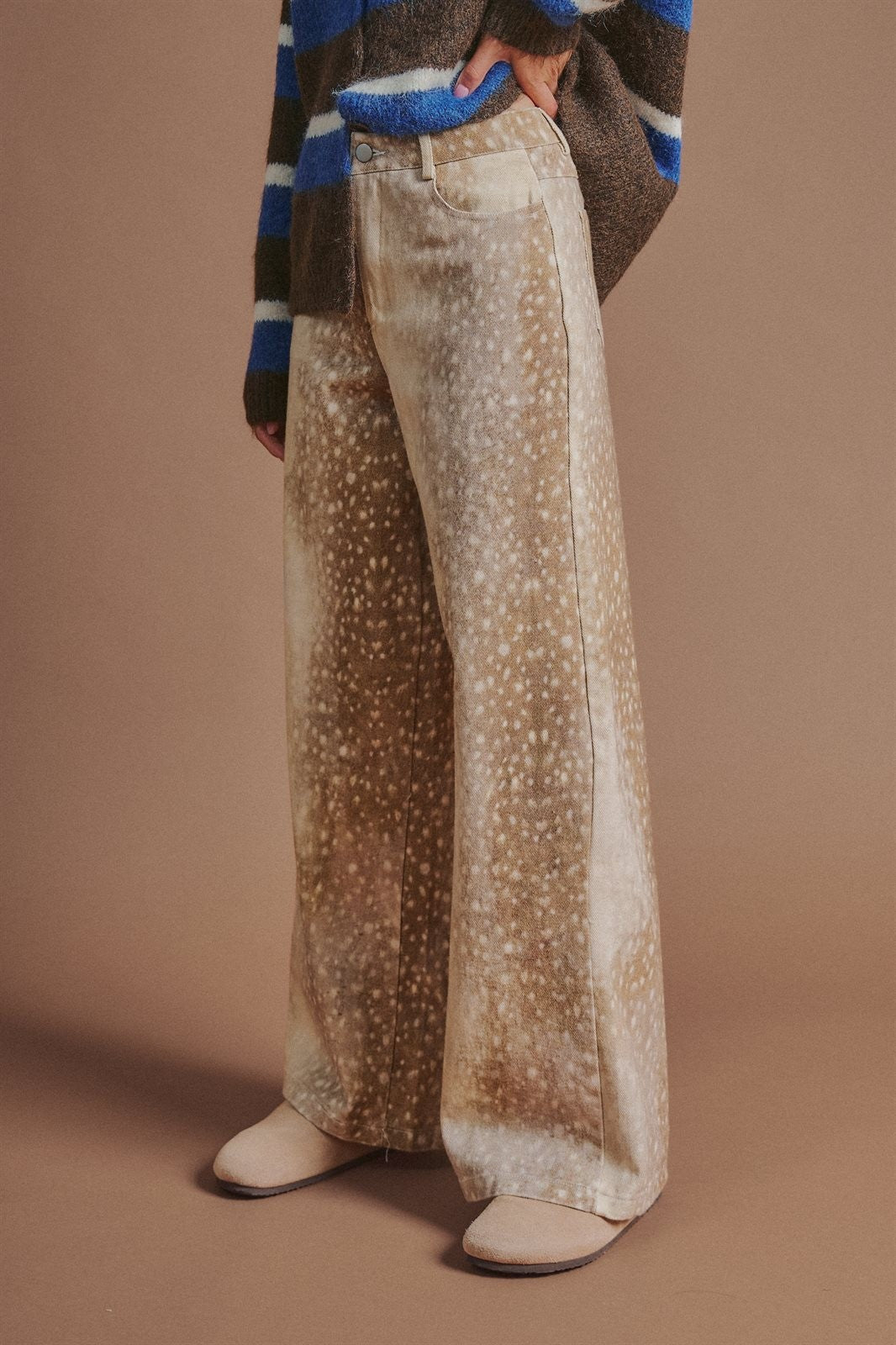 Vintage Deer Print Wide Leg Pants in Western Coastal Cowgirl in Khaki - Women's Wholesale Pants | Trend Notes