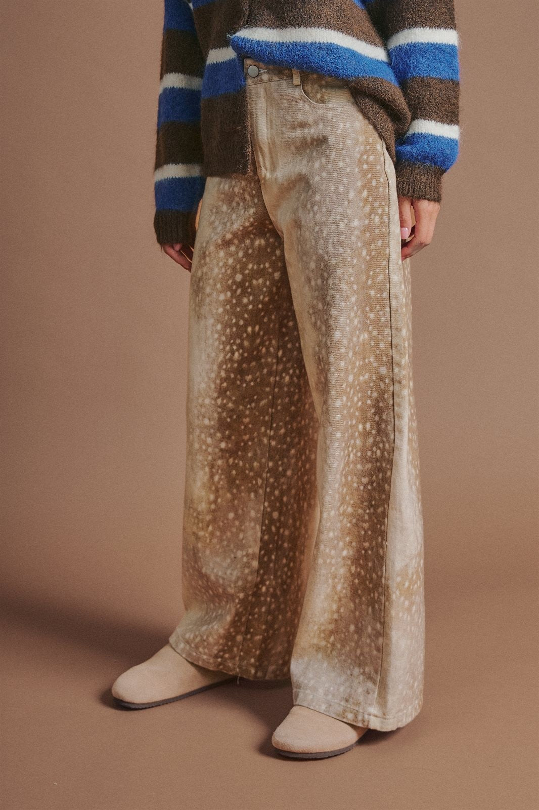Vintage Deer Print Wide Leg Pants in Western Coastal Cowgirl in Khaki - Women's Wholesale Pants | Trend Notes
