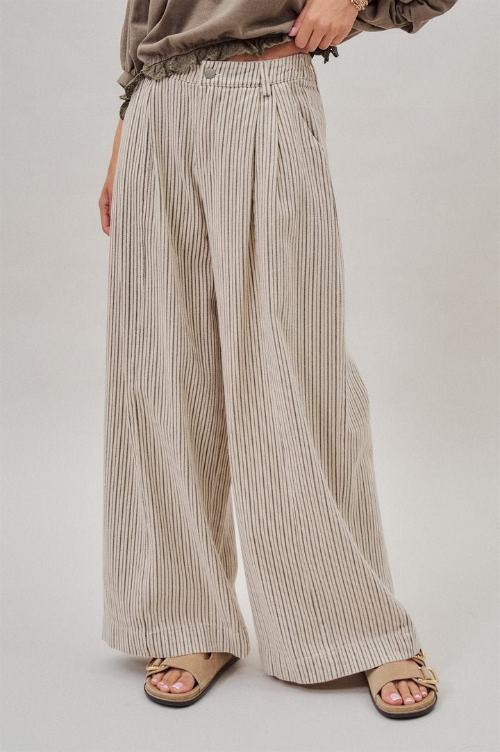 Pinstripe Pleated Wide-Leg Trousers in Cream Beige - Women's Wholesale Pants | Trend Notes