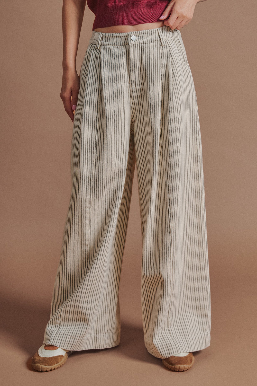 Pinstripe Pleated Wide-Leg Trousers in Cream Beige - Women's Wholesale Pants | Trend Notes