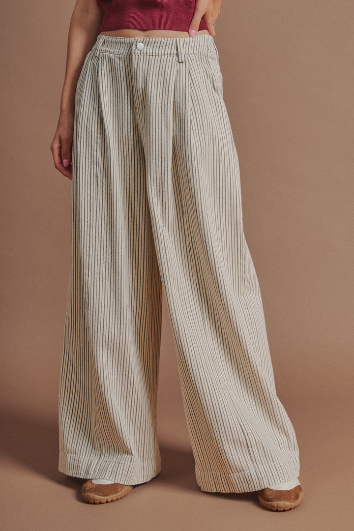 Pinstripe Pleated Wide-Leg Trousers in Cream Beige - Women's Wholesale Pants | Trend Notes