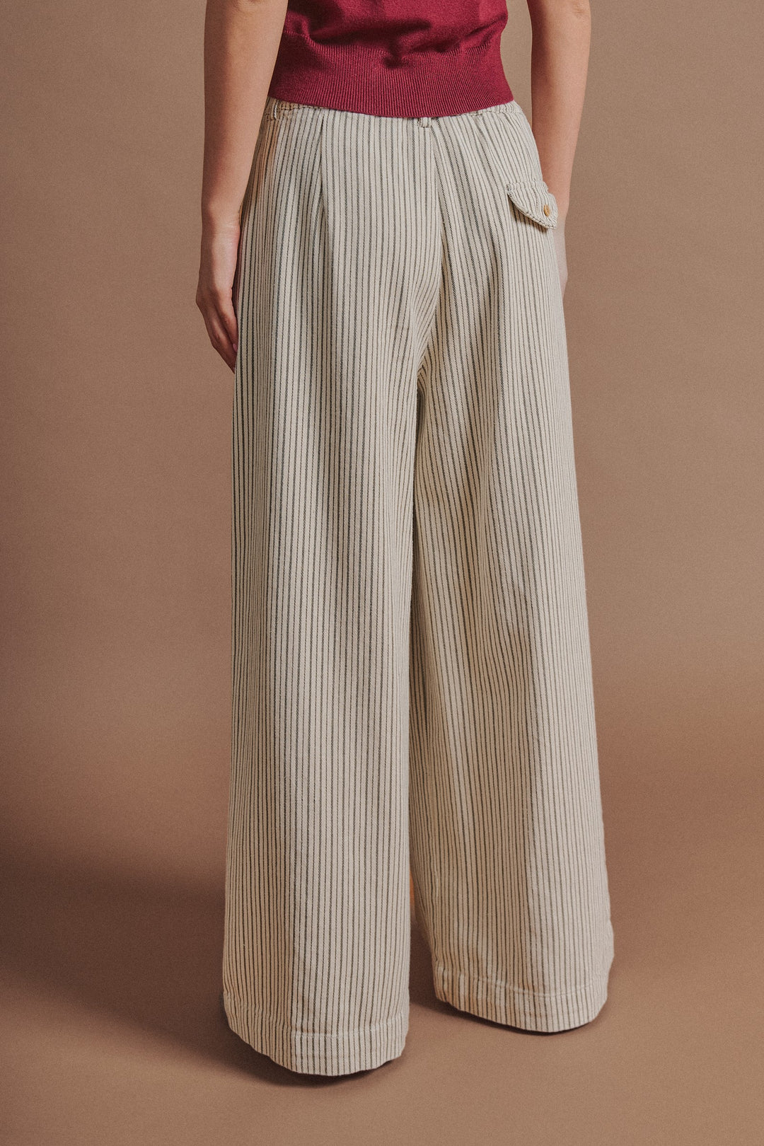 Pinstripe Pleated Wide-Leg Trousers in Cream Beige - Women's Wholesale Pants | Trend Notes