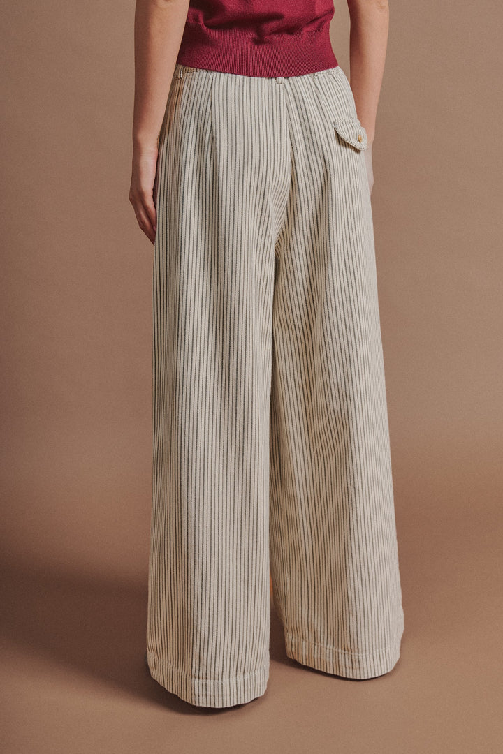 Pinstripe Pleated Wide-Leg Trousers in Cream Beige - Women's Wholesale Pants | Trend Notes