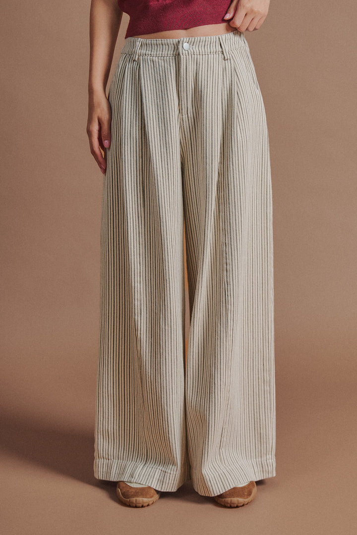 Pinstripe Pleated Wide-Leg Trousers in Cream Beige - Women's Wholesale Pants | Trend Notes