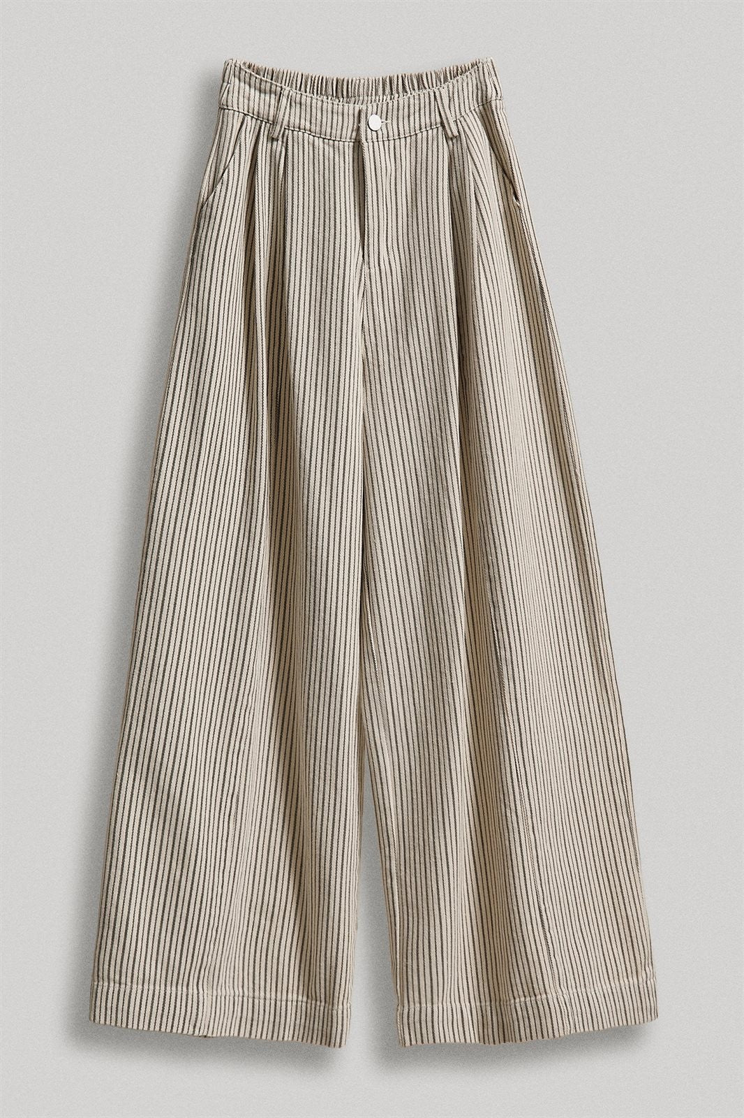Pinstripe Pleated Wide-Leg Trousers in Cream Beige - Women's Wholesale Pants | Trend Notes