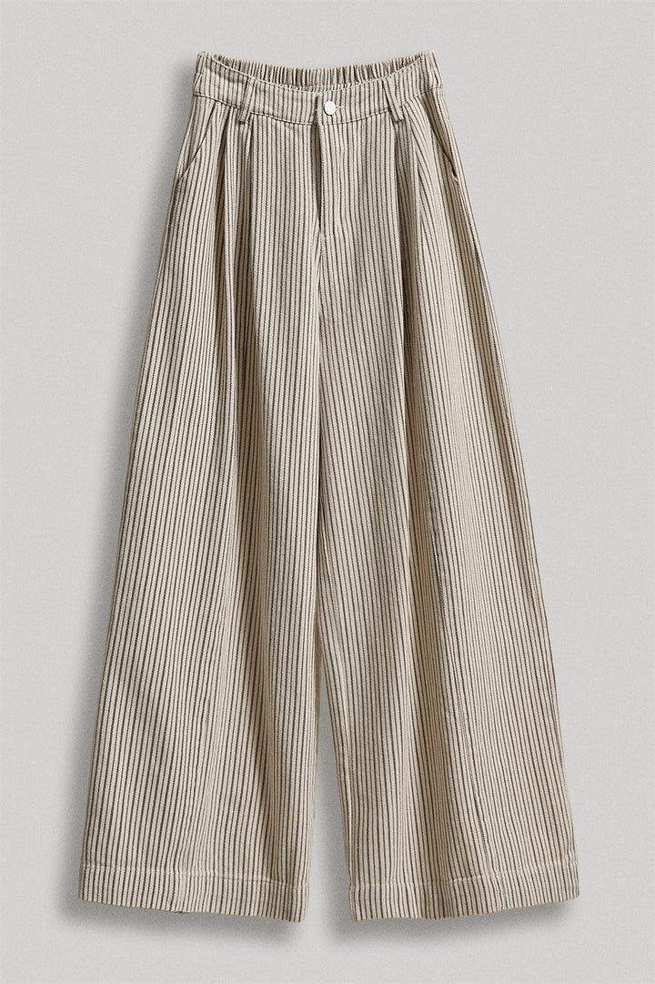 Pinstripe Pleated Wide-Leg Trousers in Cream Beige - Women's Wholesale Pants | Trend Notes