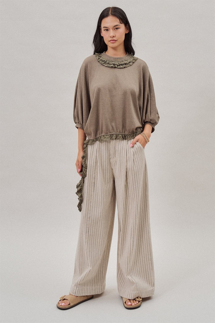 Pinstripe Pleated Wide-Leg Trousers in Cream Beige - Women's Wholesale Pants | Trend Notes