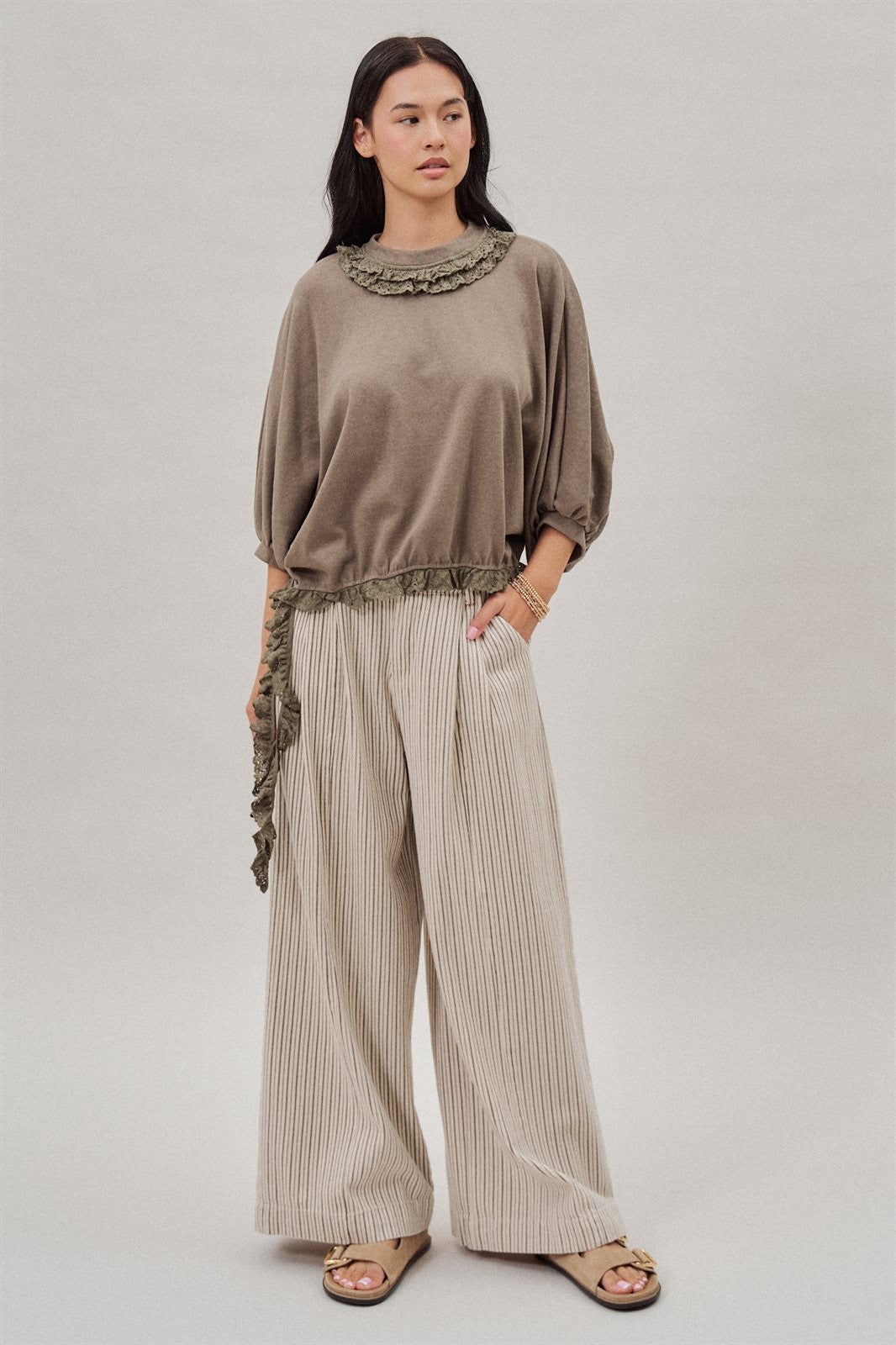 Pinstripe Pleated Wide-Leg Trousers in Cream Beige - Women's Wholesale Pants | Trend Notes