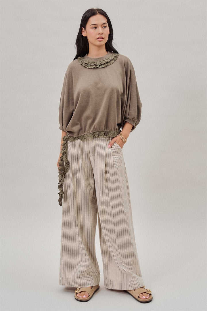 Pinstripe Pleated Wide-Leg Trousers in Cream Beige - Women's Wholesale Pants | Trend Notes