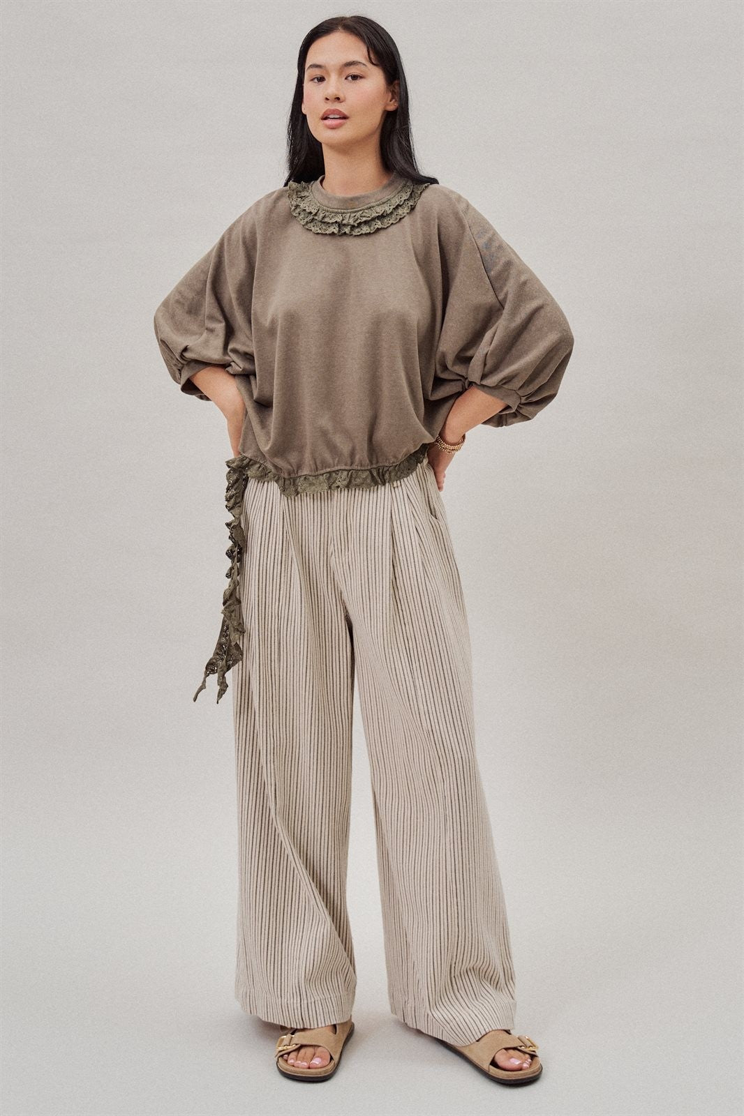 Pinstripe Pleated Wide-Leg Trousers in Cream Beige - Women's Wholesale Pants | Trend Notes