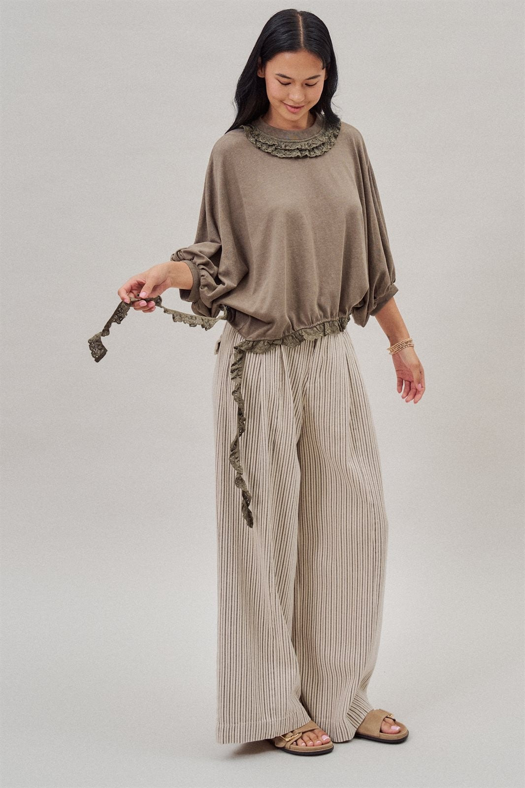 Pinstripe Pleated Wide-Leg Trousers in Cream Beige - Women's Wholesale Pants | Trend Notes