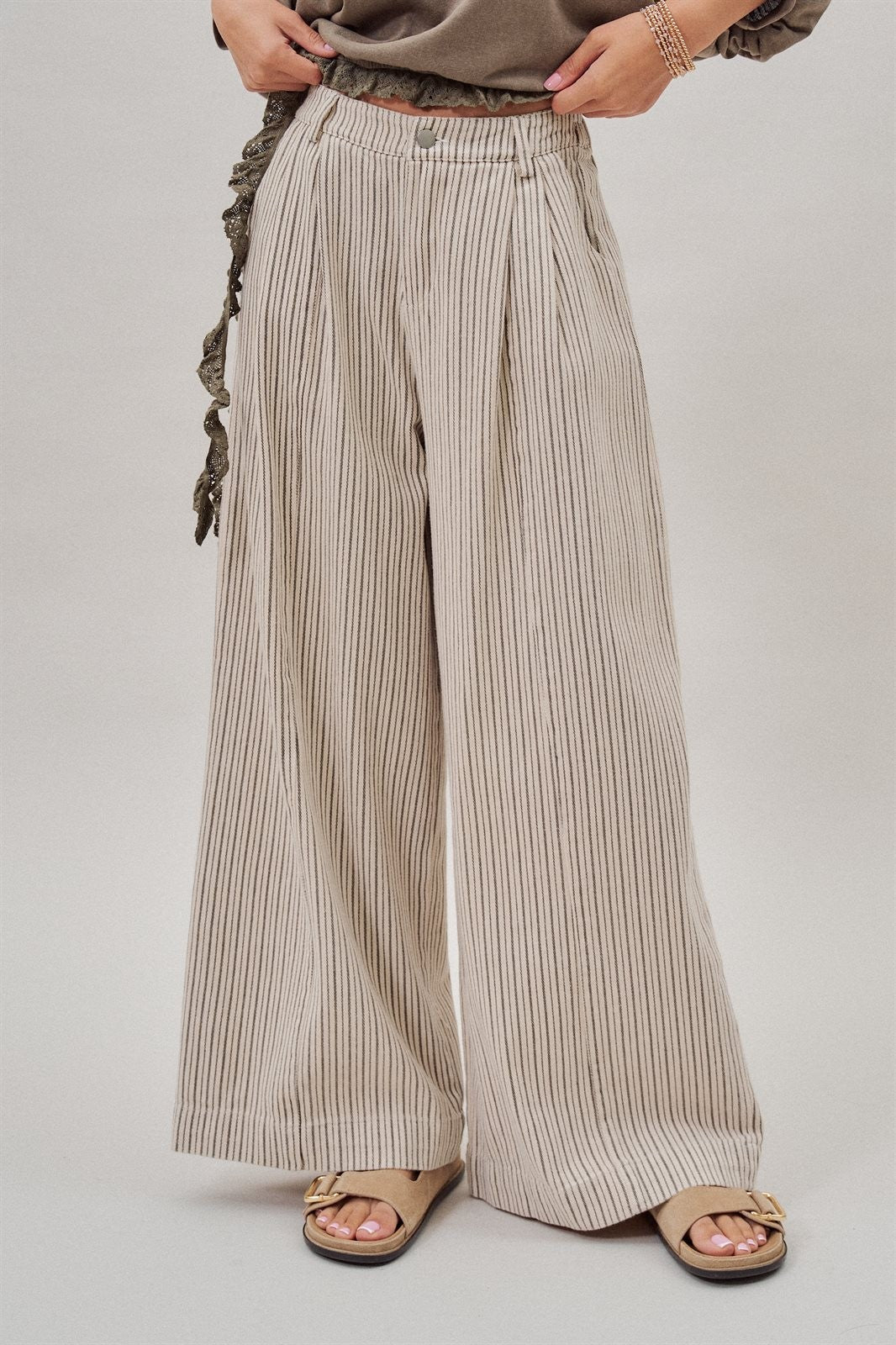 Pinstripe Pleated Wide-Leg Trousers in Cream Beige - Women's Wholesale Pants | Trend Notes