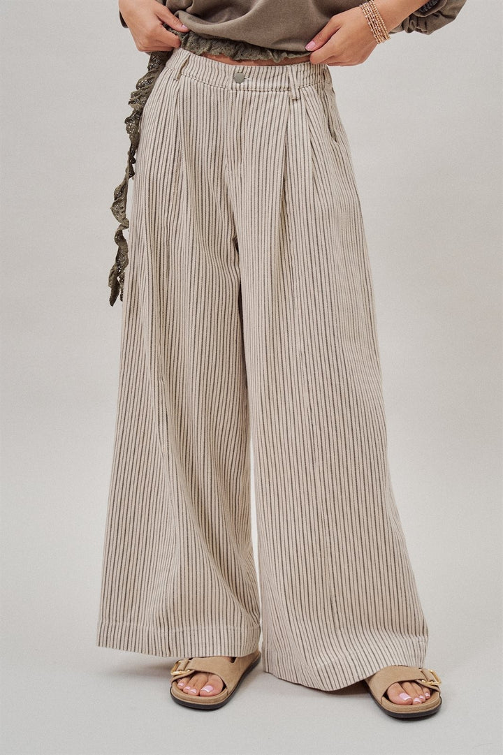 Pinstripe Pleated Wide-Leg Trousers in Cream Beige - Women's Wholesale Pants | Trend Notes