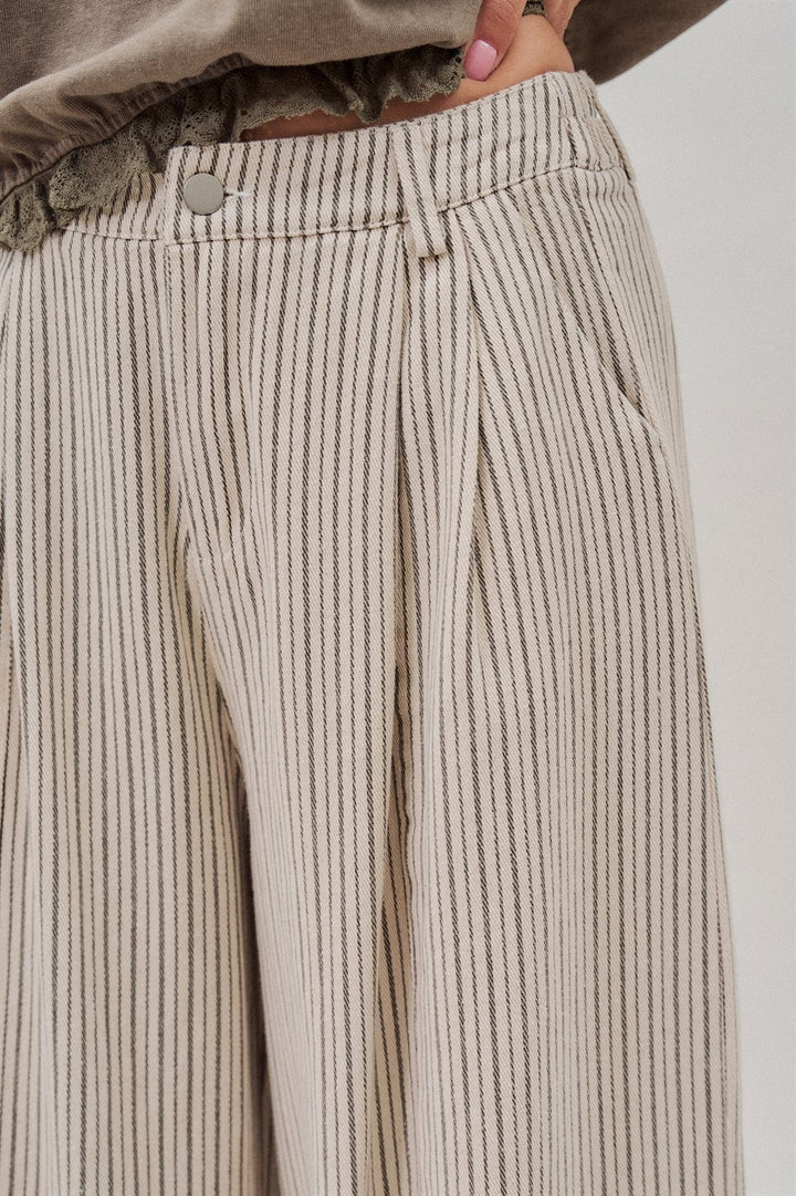 Pinstripe Pleated Wide-Leg Trousers in Cream Beige - Women's Wholesale Pants | Trend Notes