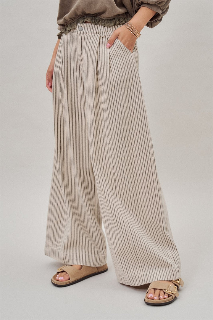 Pinstripe Pleated Wide-Leg Trousers in Cream Beige - Women's Wholesale Pants | Trend Notes