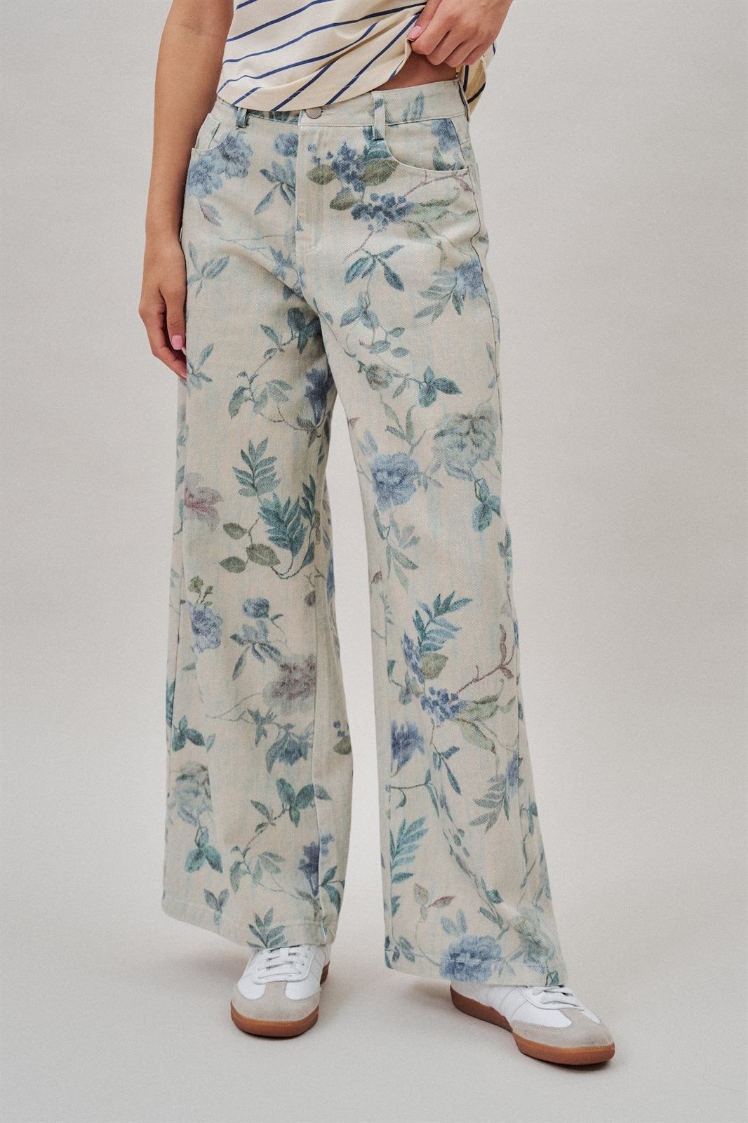 Boho Western Wide Leg Cotton Pants in Faded Blue Floral  in Cream Blue - Women's Wholesale Pants | Trend Notes